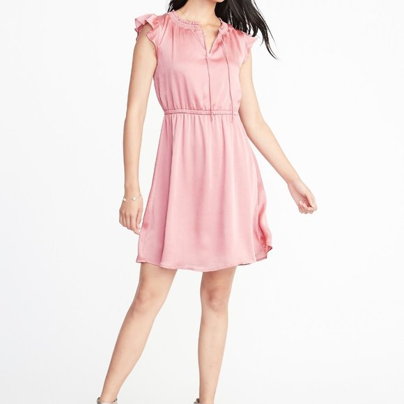🔥 Old Navy | Mauve Waist-Defined Crinkle-Chiffon Ruffle-Sleeve Dress Large - Picture 1 of 9